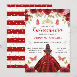 Red Dress Brunette Princess Quinceanera Inbjudningar