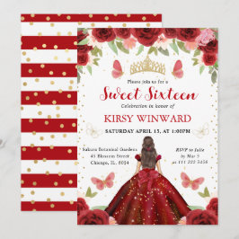 Red Dress Brunette Princess Sweet 16 Inbjudningar