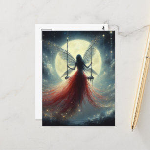 Red Dress Fairy on a Swing Full Moon Natt Vykort