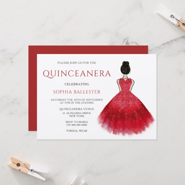 Red Dress Gown Wonderland Quinceanera Party Inbjudningar (Fram/Back In Situ)