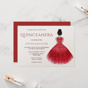 Red Dress Gown Wonderland Quinceanera Party Inbjudningar