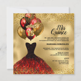 Red Dress Guld Glitter Krona Mis Quinceañera Inbjudningar