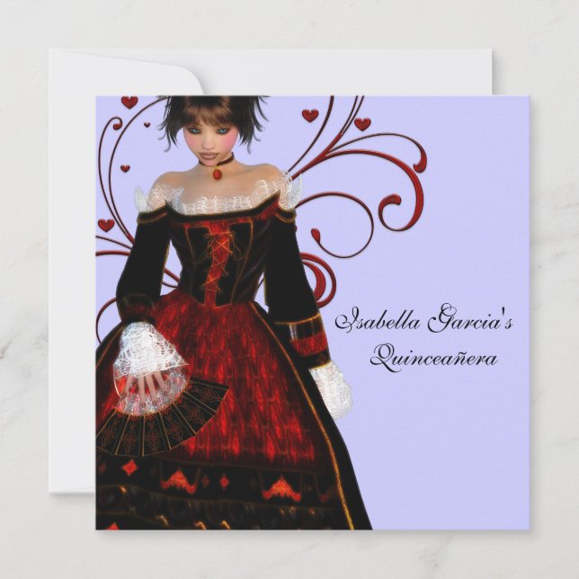 Red Dress Heart Swirls Lila Quinceanera Inbjudningar (Framsida)