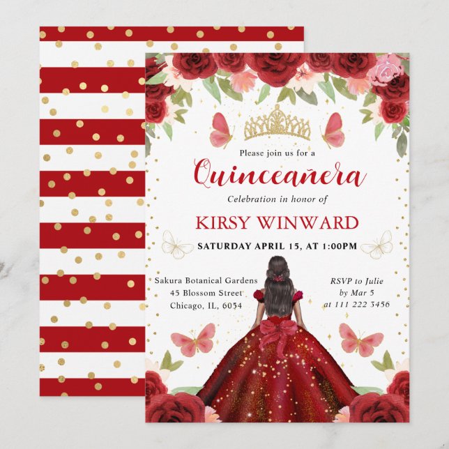 Red Dress Mörk Skin Princess Quinceanera Inbjudningar (Fram/baksida)