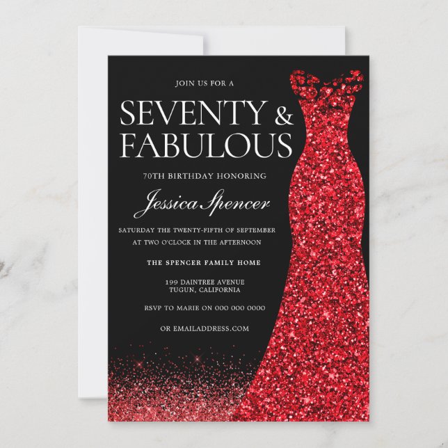 Red Dress Red Glitter Gown 70:e Födelsedagsfesten Inbjudningar (Framsida)