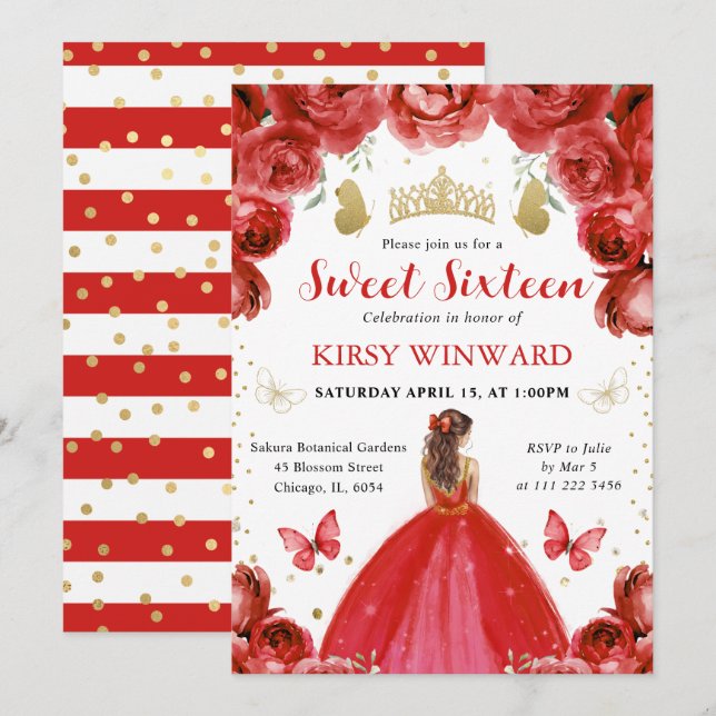 Red Dress Red Har Princess Sweet 16 Inbjudningar (Fram/baksida)