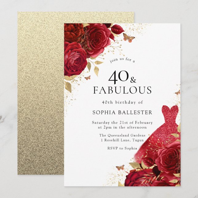 Red Dress & Ro Guld Glitter 40:e födelsedagen Inbjudningar (Fram/baksida)