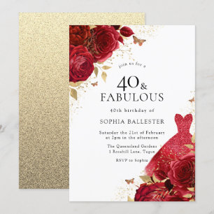 Red Dress & Ro Guld Glitter 40:e födelsedagen Inbjudningar