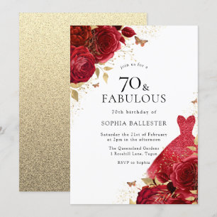 Red Dress & Ro Guld Glitter 70:e födelsedagen Inbjudningar