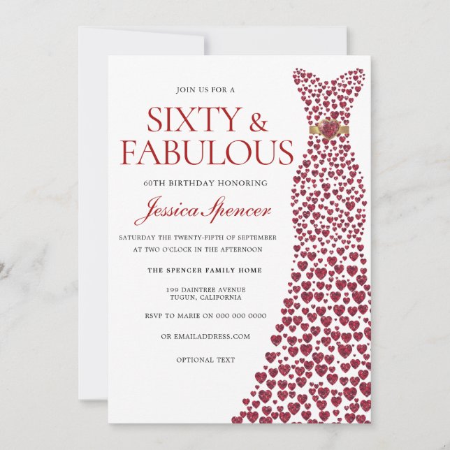 Red Dress sextio och Fabulous 60:e Födelsedagsfest Inbjudningar (Framsida)