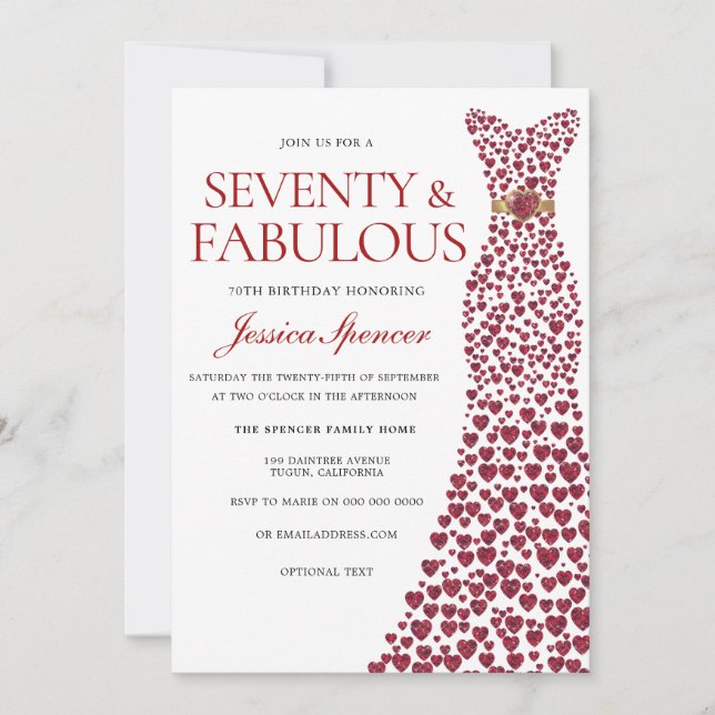 Red Dress Sjuttio och Fabulous 70:e Födelsedagsfes Inbjudningar (Framsida)