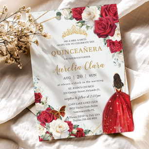 Red Dress Vit ros Blommigt Girl Guld Quinceañera Inbjudningar