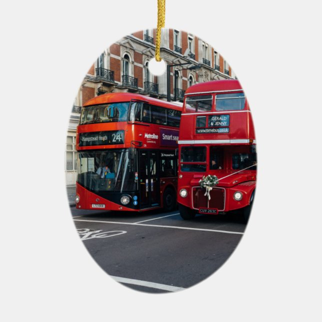 Red Dubbla Decker Buss Julgransprydnad Keramik (Framsidan)