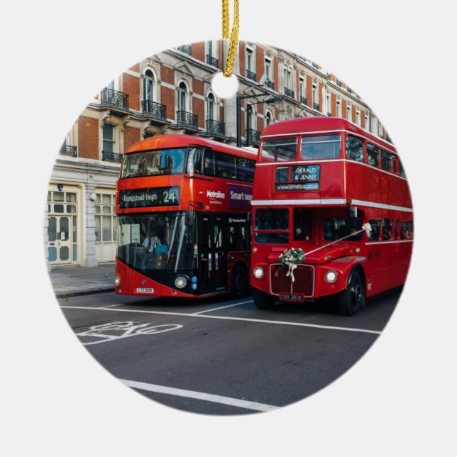 Red Dubbla Decker Buss Julgransprydnad Keramik (Framsidan)