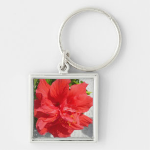 Red Dubbla Hibiscus Flower Fyrkantig Silverfärgad Nyckelring