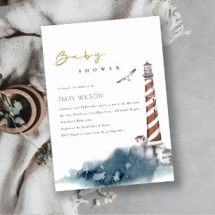 RED DUSKY BLUE LIGHTHOUSE SEA BABY SHOWER INBJUDAN