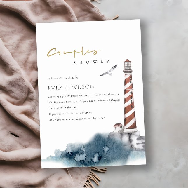RED DUSKY BLUE LIGHTHOUSE SEA COUPLE SHOWER INBJUD TACK KORT (Skapare uppladdad)