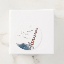 RED DUSKY BLUE LIGHTHOUSE SEA MONOGRAM BRÖLLOP FA GÅVOR ETIKETTER