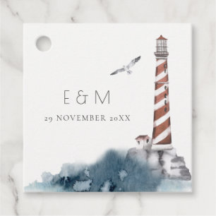 RED DUSKY BLUE LIGHTHOUSE SEA MONOGRAM BRÖLLOP GÅVOR ETIKETTER