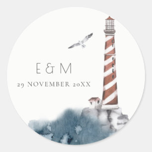 RED DUSKY BLUE LIGHTHOUSE SEA MONOGRAM BRÖLLOP RUNT KLISTERMÄRKE
