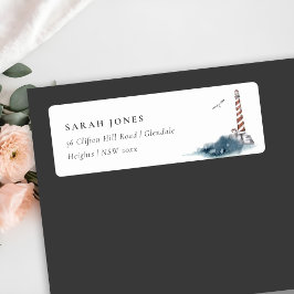 RED DUSKY BLUE LIGHTHOUSE SEA VÅGAR ADDRESS ETIKET RETURADRESS ETIKETT