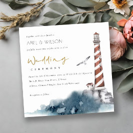 RED DUSKY BLUE LIGHTHOUSE SEA VÅGAR WEDDING INVITE TACK KORT