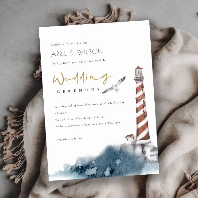 RED DUSKY BLUE LIGHTHOUSE SEA VÅGAR WEDDING INVITE TACK KORT (Skapare uppladdad)