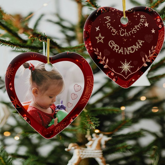 Red eart Grandma Photo Julgransprydnad Keramik (Personalized Grandma Photo Ceramic Ornament)