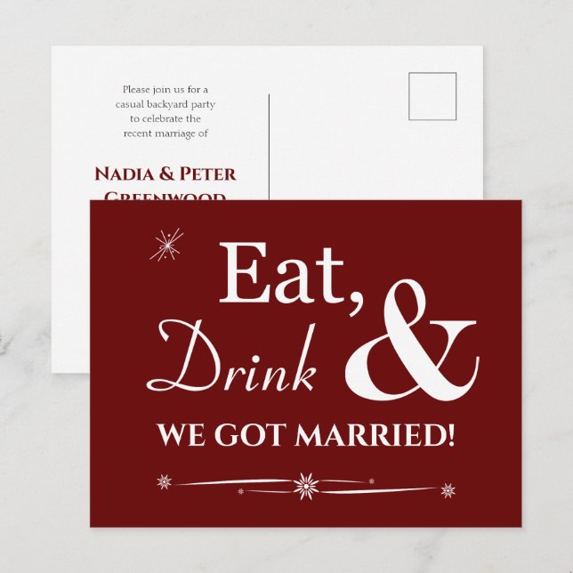 Red Eat Drink We Har Married Retro Elopement Vykort (Fram/baksida)