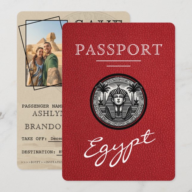 Red Egypt Passport Wedding Save the Date Spara Datumet (Fram/baksida)