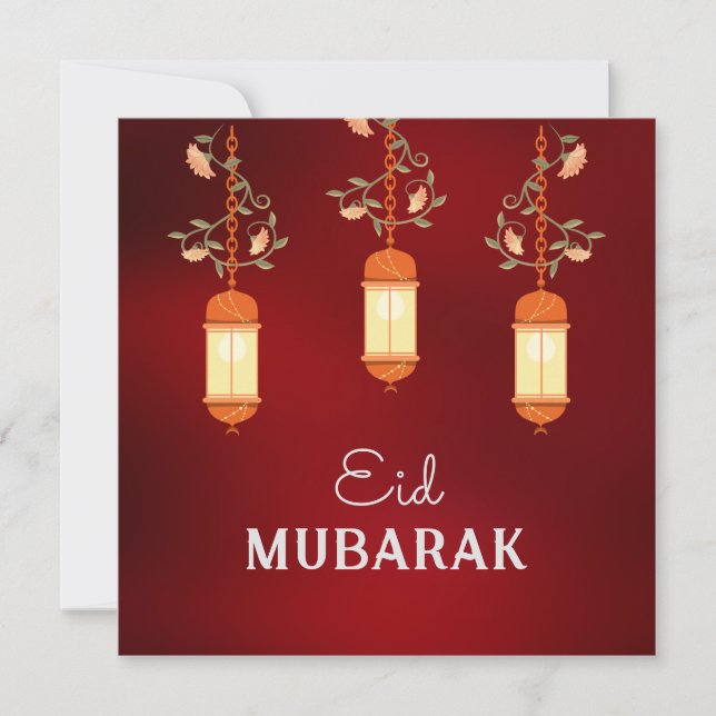 Red Eid Mubarak Blommigt Lantern Islamic Card Julkort (Framsida)