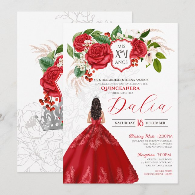 Red Elegance Bold Ro Vapensköld Formal Quinceañera Inbjudningar (Fram/baksida)
