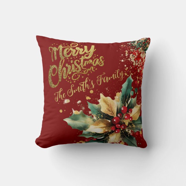 Red Elegant Family Guld Glitter-skript jul Kudde (Framsida)