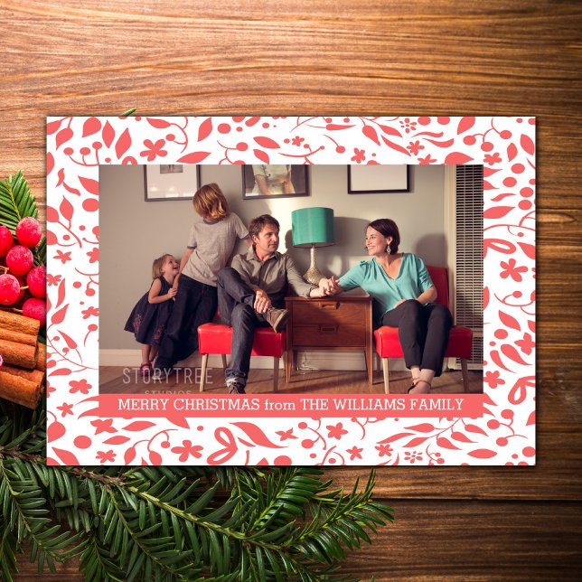 Red Elegant Foliage Helgdag Photo Flat Julkort (Red Elegant Foliage Holiday Photo Card)