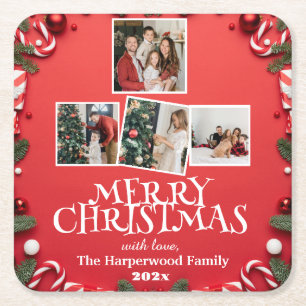Red Elegant God jul Family Photo Collage Underlägg Papper Kvadrat
