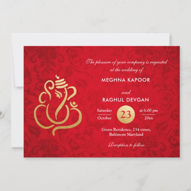 Red Elegant Gold Foil Ganesha Indian Damask  Inbjudningar (Framsida)