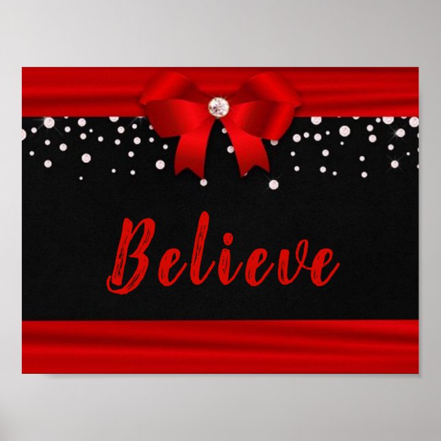 RED Elegant Ribbon BELIEVE text on Black Poster (Framsidan)