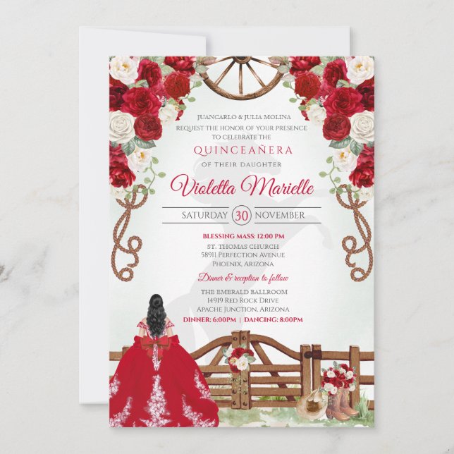Red Elegant Rustic Western Charro Quinceanera V10 Inbjudningar (Framsida)