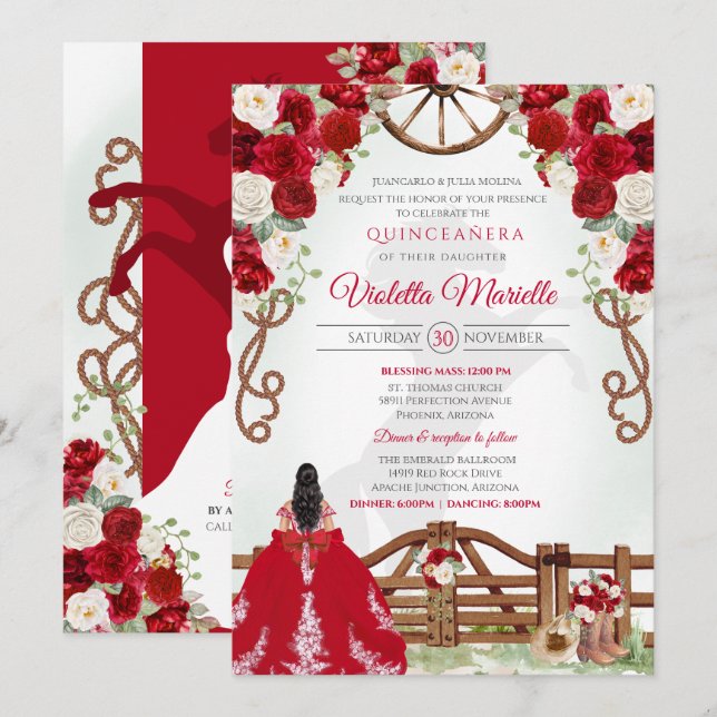 Red Elegant Rustic Western Charro Quinceanera V2 Inbjudningar (Fram/baksida)