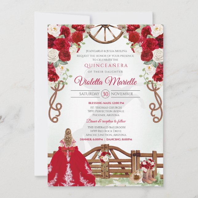 Red Elegant Rustic Western Charro Quinceanera V7 Inbjudningar (Framsida)