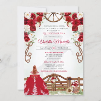 Red Elegant Rustic Western Charro Quinceanera V8 Inbjudningar