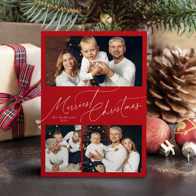 Red Elegant Script Merry Christmas Family 3 Photo Julkort (Red Elegant Script Merry Christmas Family 3 Photo Holiday Card)