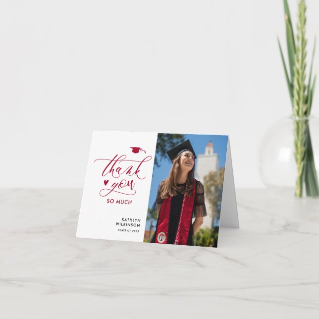 Red Elegant Script Photo Minimalist Studenten Tack Kort (Framsida)