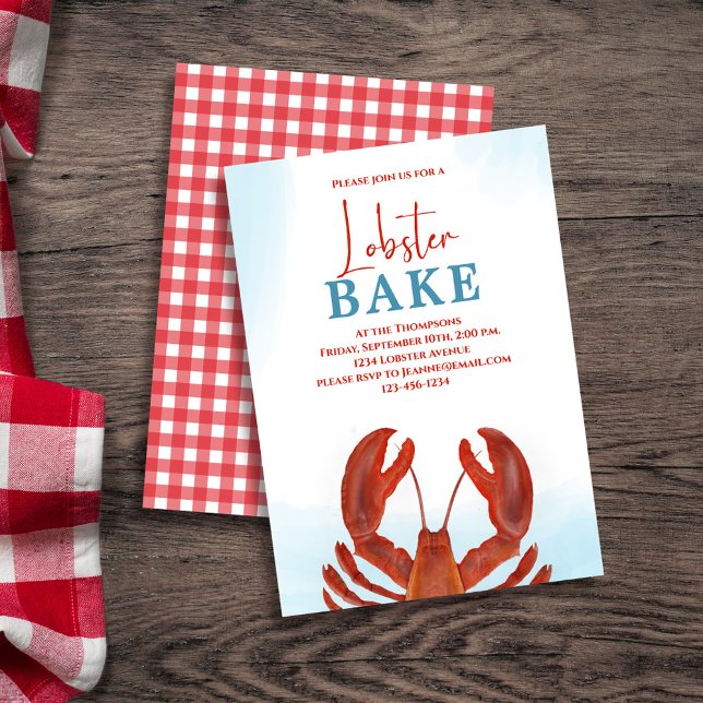 Red Elegant Seafood Bake Anpassningsbar Inbjudningar (Lobster bake coastal style invitation template.)