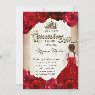 Red elegant vintage girl ro tiara Quince Inbjudningar