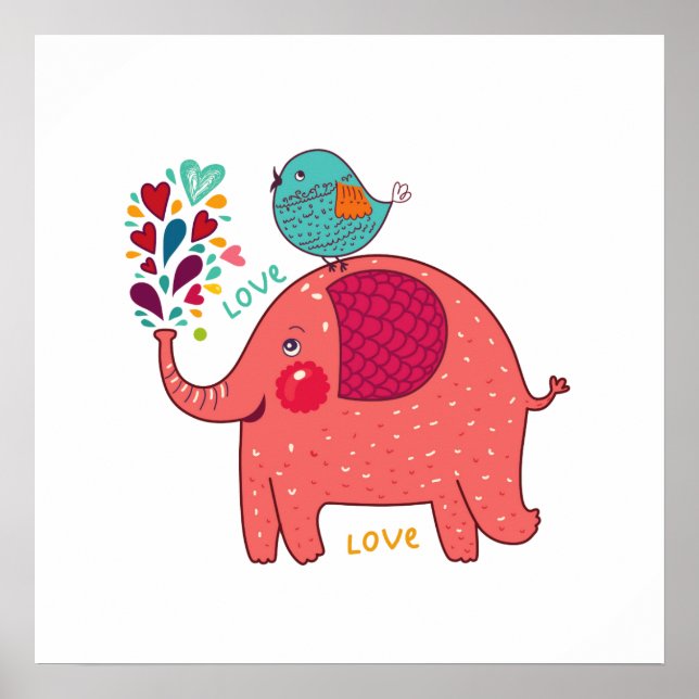 Red Elephant och Bird Poster (Framsidan)