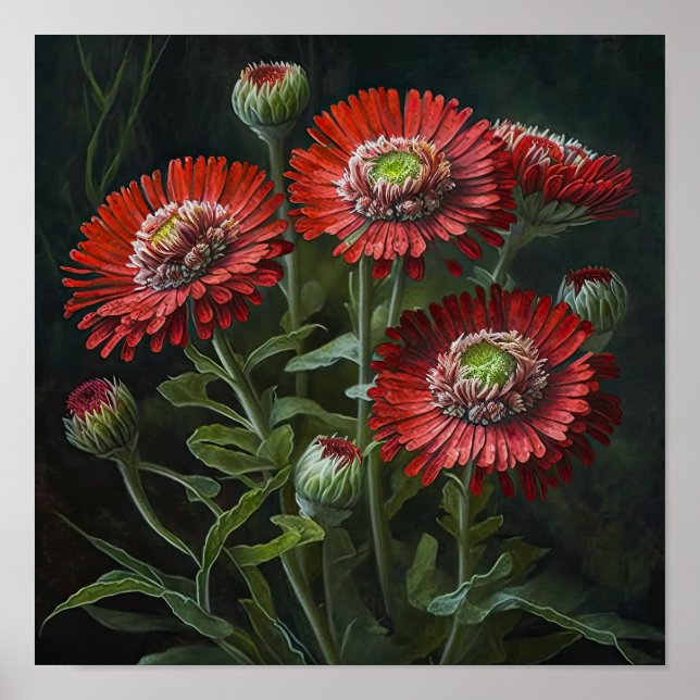 Red English Daisy Flower Art Print Poster (Framsidan)