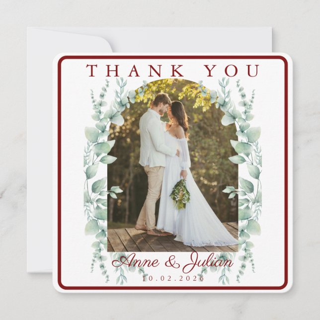Red Eucalypthus leaves Wedding With 2 photos Tack Kort (Framsida)