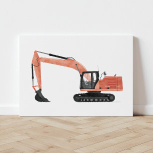 Red Excavator Construction Fordon Kanvastryck