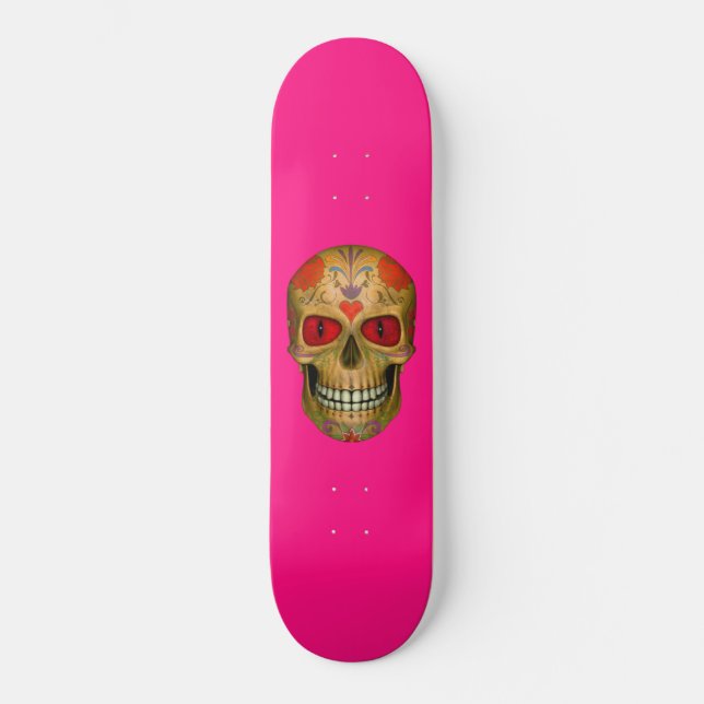 Red Eyed Sugar Skull Zombie Shock rosa Skateboard (Framsida)